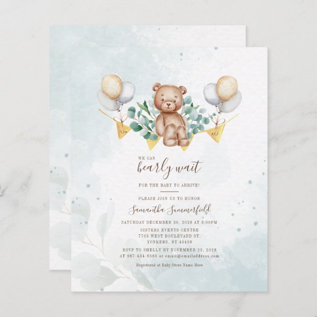 Lámina Bear Eucalyptus Watercolor Boy Baby Shower (Anverso / Reverso)