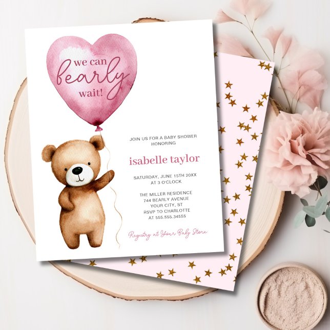 Lámina Bear globos Bebé Chica Ducha Invitación al presupu (Bear Balloons Baby Girl Shower Budget Invitation)