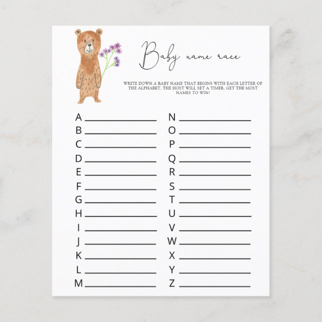 Lámina Bear - Juego de carreras de nombre de bebé (Anverso)
