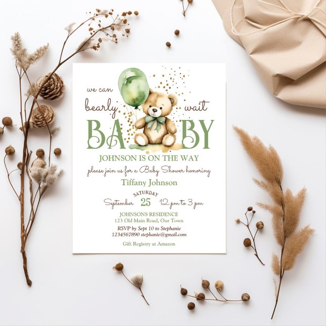 Lámina Bearly wait teded green baby ducha presupuesto inv (Bearly wait teddy bear themed baby shower budget invitation template sage green brown themed balloon)