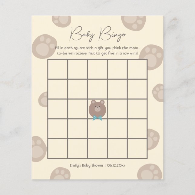 Lámina Beary Cute Brown Teddy Bear Juego de Bingo Baby Sh (Anverso)