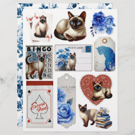 Lámina Beautiful Fussy Cuts with Siamese Cat & Blue Roses