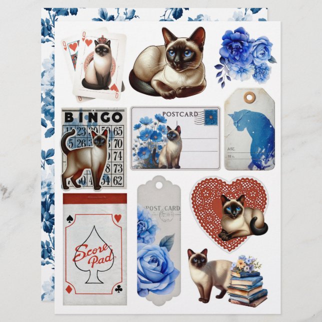 Lámina Beautiful Fussy Cuts with Siamese Cat & Blue Roses (Anverso / Reverso)