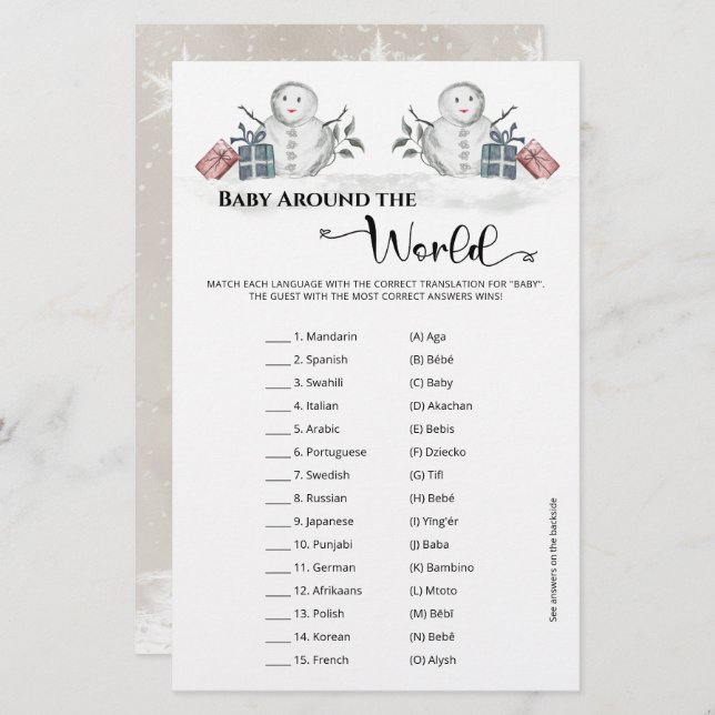 Lámina Bebé alrededor del Baby Shower mundial de Snowman (Anverso / Reverso)