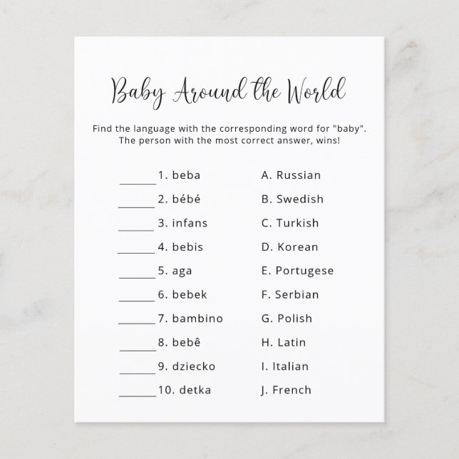 Lámina Bebé alrededor del mundo - Juego de Baby Shower (Anverso)