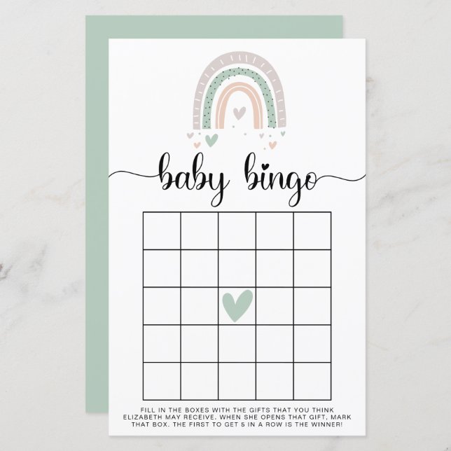 Lámina Bebé Bingo Boho Rainbow Sage Shower Game (Anverso / Reverso)
