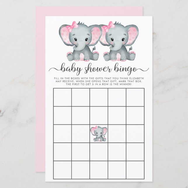 Lámina Bebé Bingo Chicas gemelos Elephant Shower Game (Anverso / Reverso)