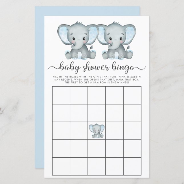 Lámina Bebé Bingo Twin Boys Elephant Shower Game (Anverso / Reverso)