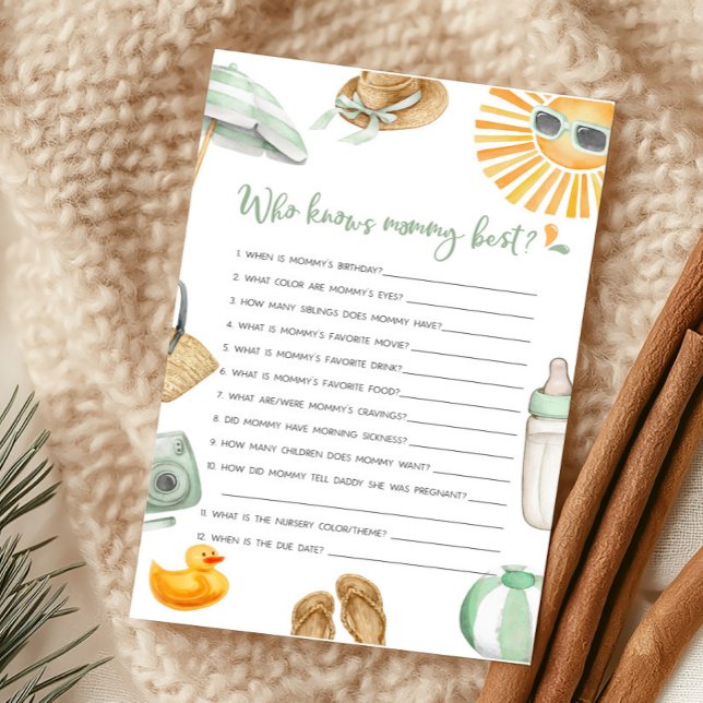 Lámina Bebé con salpicón verde que conoce a mamá mejor ju (Summer Baby Bash Baby Shower Who knows Mommy Best Game)