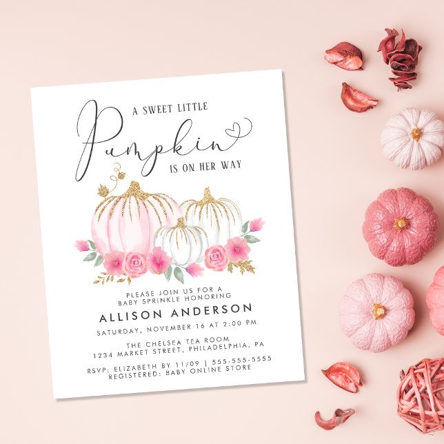 Lámina Bebé de calabaza rosa Floral Bebé Chica Sprinkle I (Celebrate the upcoming arrival of your sweet autumn baby girl with a pumpkin-themed baby sprinkle)