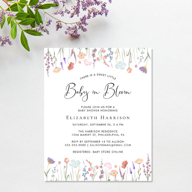 Lámina Bebé de flores silvestres de presupuesto en una in (A sweet affordable wildflower baby shower invitation to celebrate the upcoming arrival of your baby)