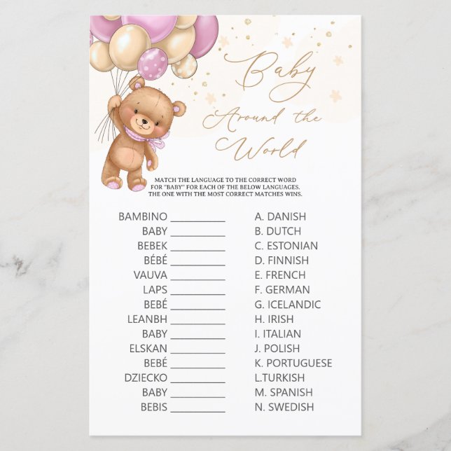 Lámina Bebé de globos rosados en todo el mundo (Anverso)