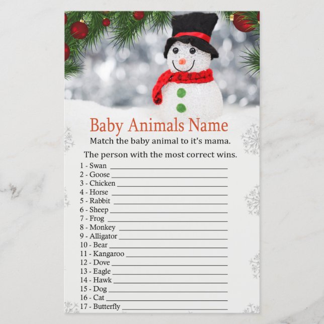 Lámina Bebé de muñecas de nieve lindo Nombre juego ducha  (Anverso)