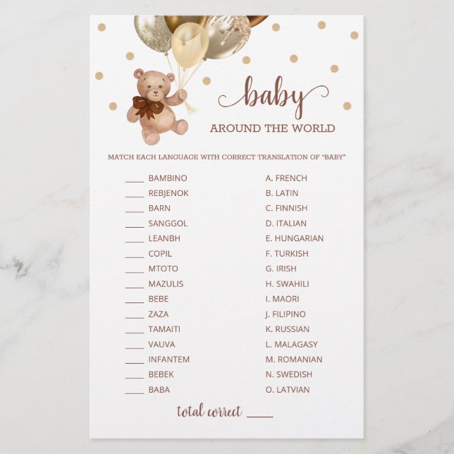 Lámina Bebé De Oso De Teddy En El Juego Mundial (Anverso)