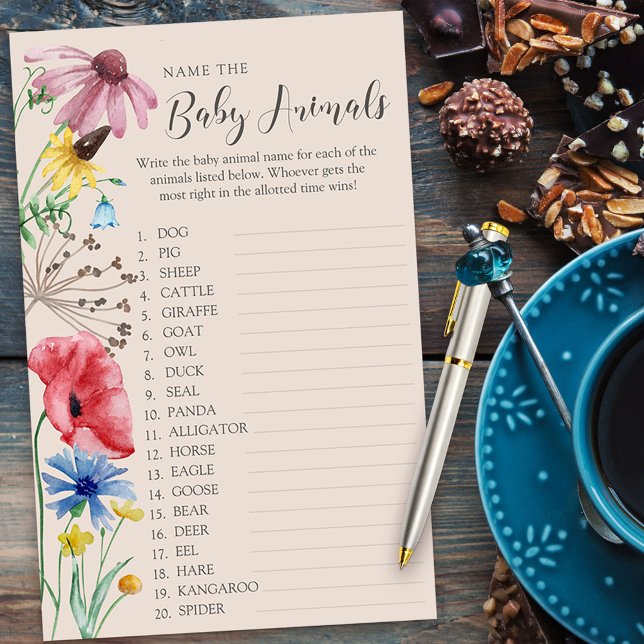 Lámina Bebé de Shower de Flor Silvestre Juego de Prueba d (Baby Animals Baby Shower quiz game from my Wildflower Charm collection)