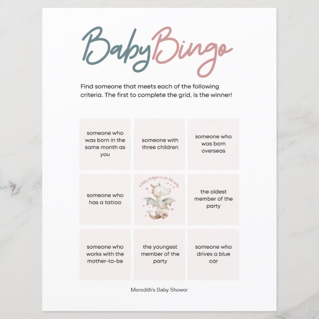 Lámina Bebé Dragón está en camino Bebé ducha Bingo (Anverso)