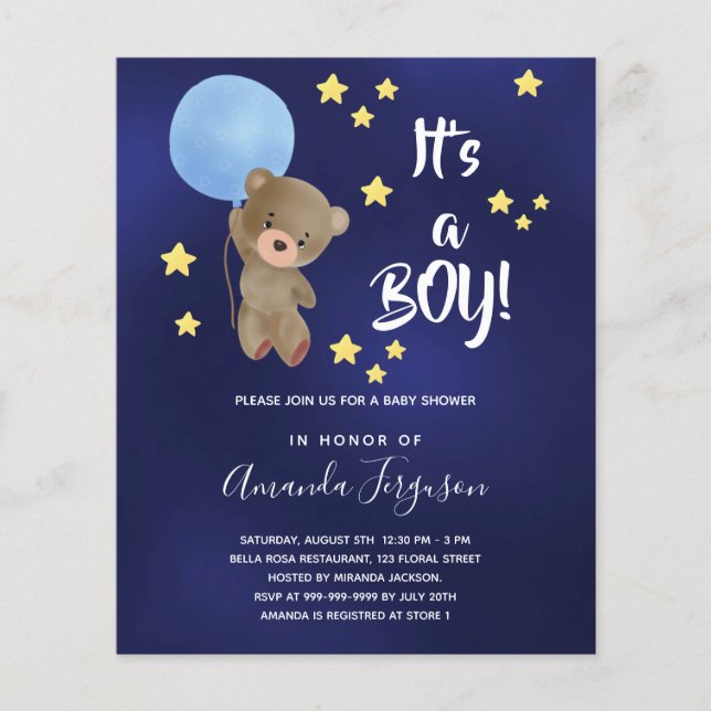 Lámina Bebé ducha oso de peluche niño invitación azul (Anverso)