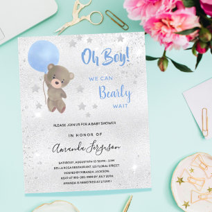 Lámina Bebé ducha oso de peluche niño invitación azul pla