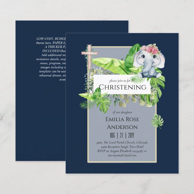 Lámina Bebé elefante invitando a la jungla de Chicas (Anverso / Reverso)