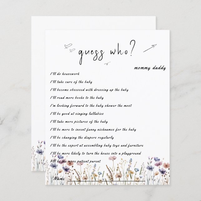 Lámina Bebé en flor silvestre de juego de Baby Shower (Anverso / Reverso)