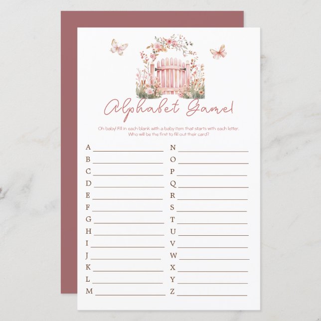 Lámina Bebé floral rosado en alfabeto de Baby Shower en f (Anverso / Reverso)