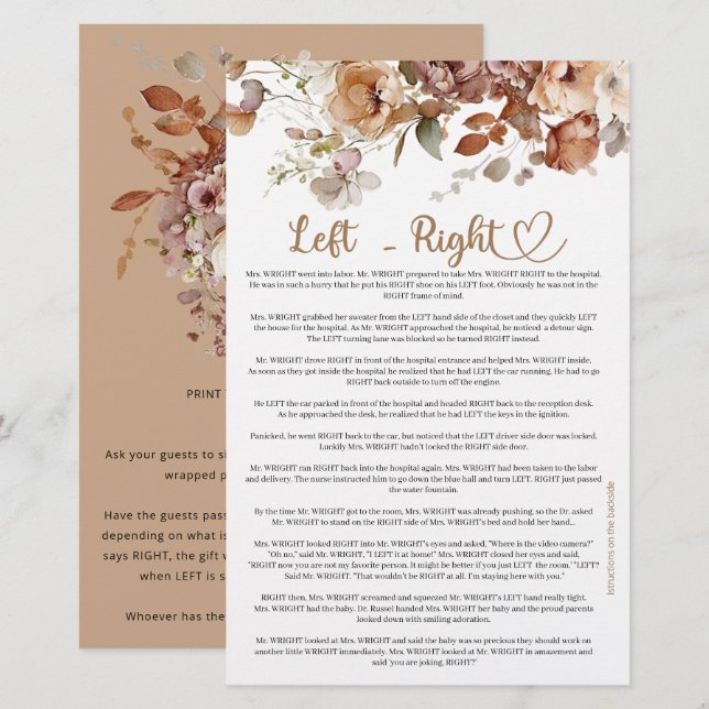 Lámina Bebé izquierdo derecho en Baby Shower floral (Anverso / Reverso)