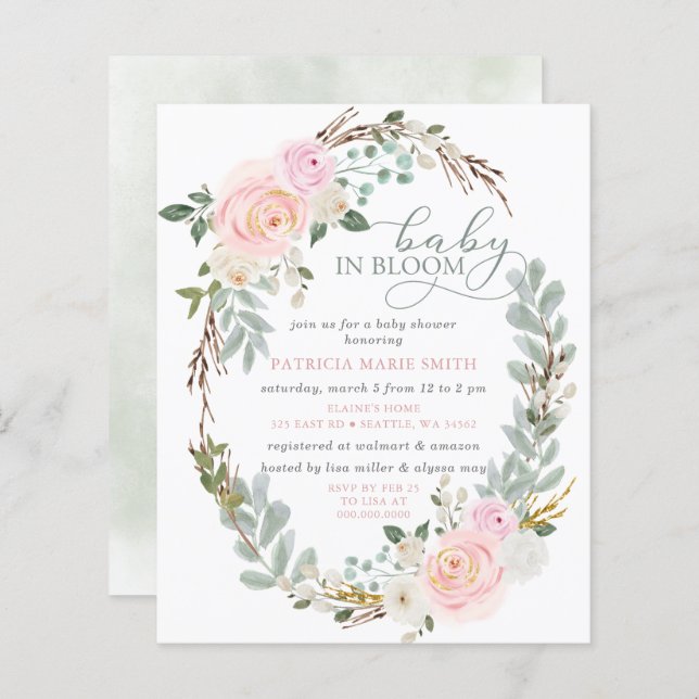 Lámina Bebé presupuestal en Baby Shower, Chica floral ros (Anverso / Reverso)