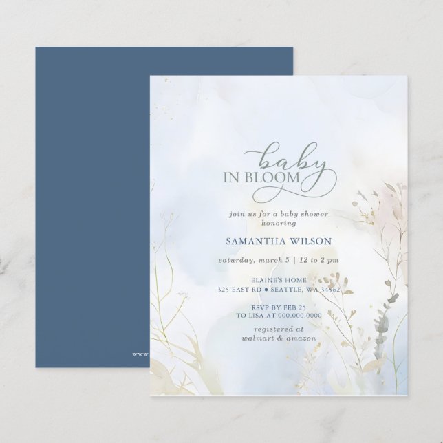Lámina Bebé presupuestal en Bloom Blue Floral Boy Baby Sh (Anverso / Reverso)