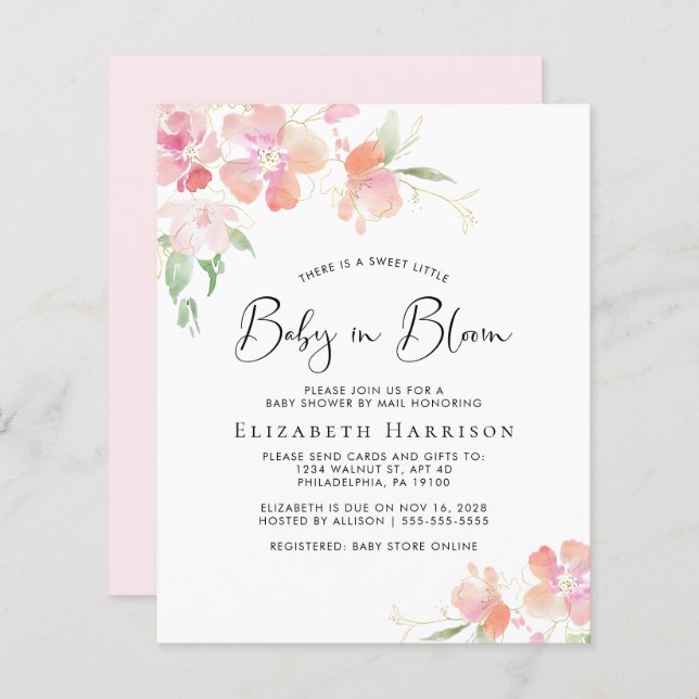 Lámina Bebé presupuestal en una ducha de flores rosadas e (Anverso / Reverso)