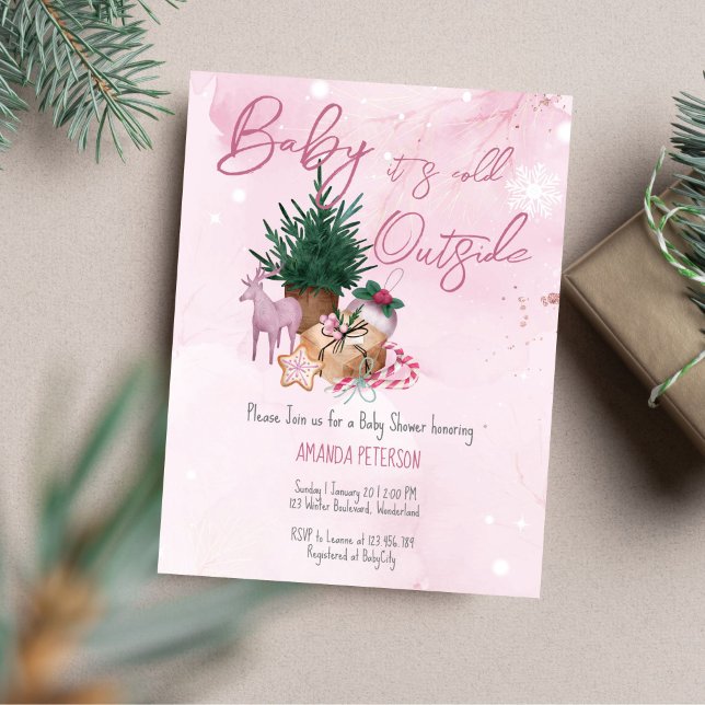 Lámina Bebe presupuestal hace frío fuera de la ducha invi (Budget Baby It's Cold Outside baby shower invitation pink winter baby shower invitation)