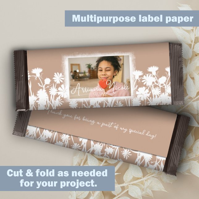 Lámina Bebe White Bat Mitzvah Personalizado Candy Bar Wra (beige, white botanical wild flowers bat mitzvah cheap chocolate bar wrapper DIY)