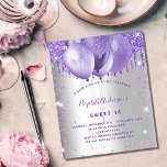 Lámina Bebida dulce de 16 invitaciones violetas de plata<br><div class="desc">Un elegante fondo falso plateado. Decorada con purpurinas y globos falsos de color violeta y lavanda. Personalice y agregue un nombre,  edad y detalles del fiesta. El nombre se escribe con un guión de estilo con letras a mano</div>