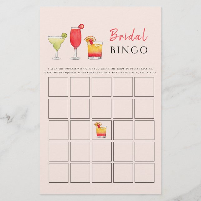 Lámina Bebidas de cóctel Juego Bridal Shower BINGO (Anverso)
