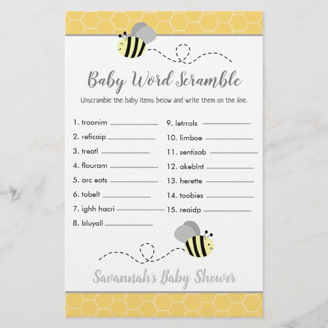 Lámina Bee Baby Shower Baby Word Scramble Game (Anverso)