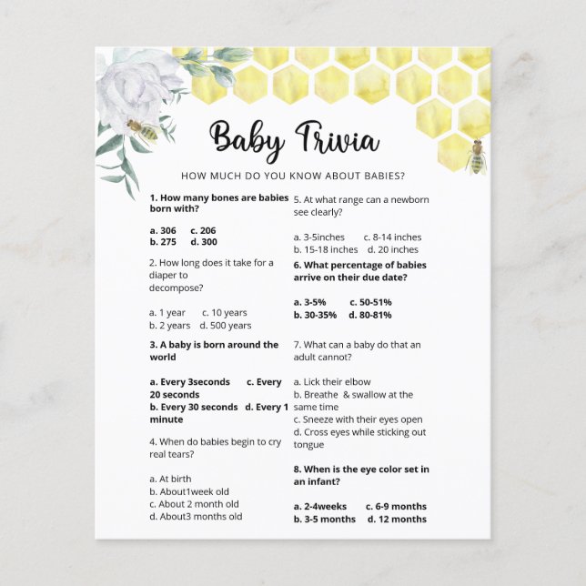 Lámina Bee Baby Trivia | Juego Baby Shower (Anverso)