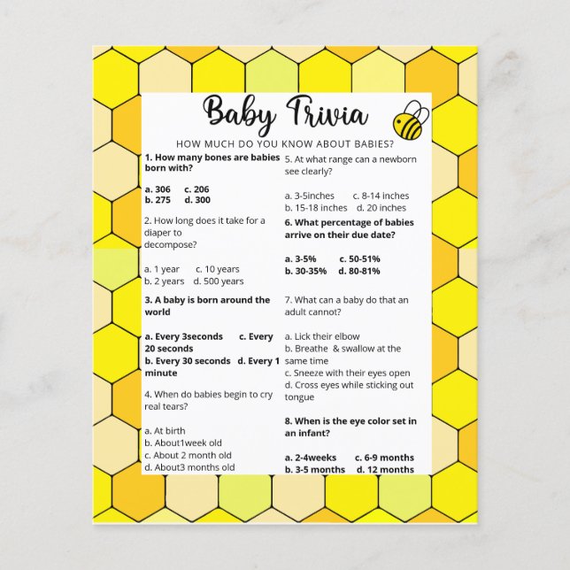 Lámina Bee Baby Trivia | Juego Baby Shower (Anverso)