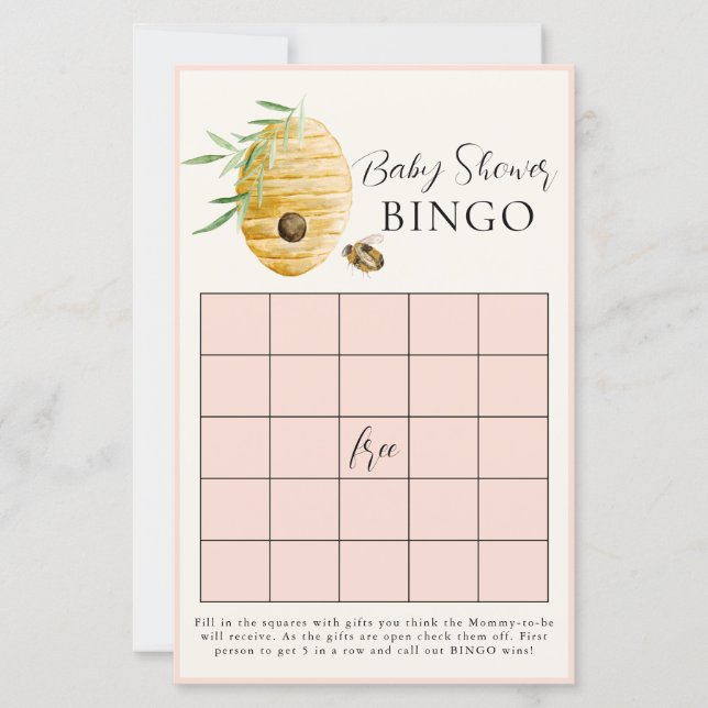 Lámina Bee Girl Baby Shower Blush Pink Bingo Game Card (Anverso)