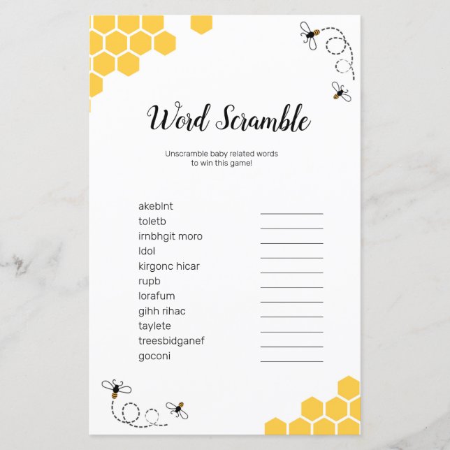 Lámina Bee Watercolor Word Scramble Game (Anverso)