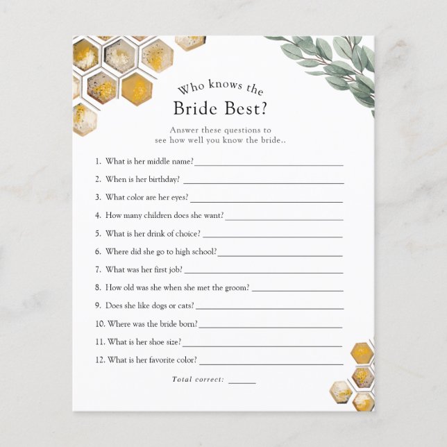 Lámina Bee Who Know the Bride Best Bridal Shower Game (Anverso)