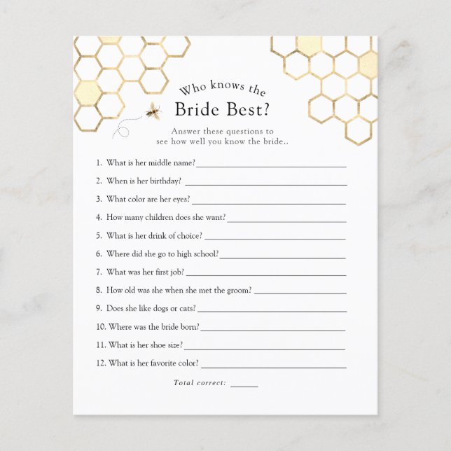 Lámina Bee Who Know the Bride Best Bridal Shower Game (Anverso)