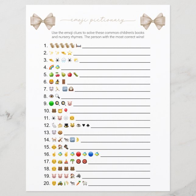Lámina Beige Bow Emoji moderna Books Juego de Baby Shower (Anverso)