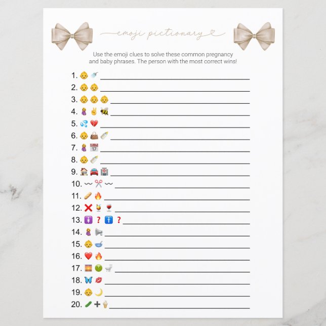 Lámina Beige Bow juego de Baby Shower de Emoji moderna (Anverso)