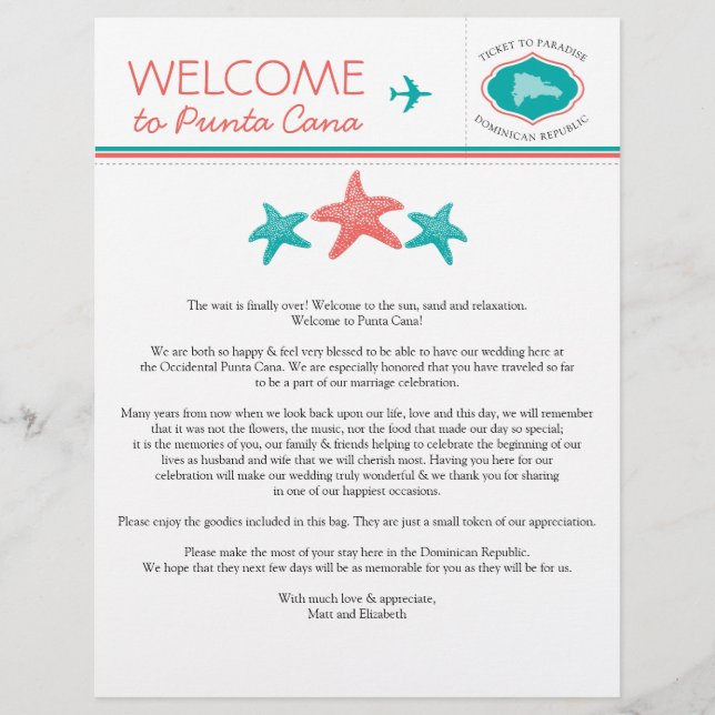 Lámina Bienvenida a la República Dominicana con Starfish  (Anverso)