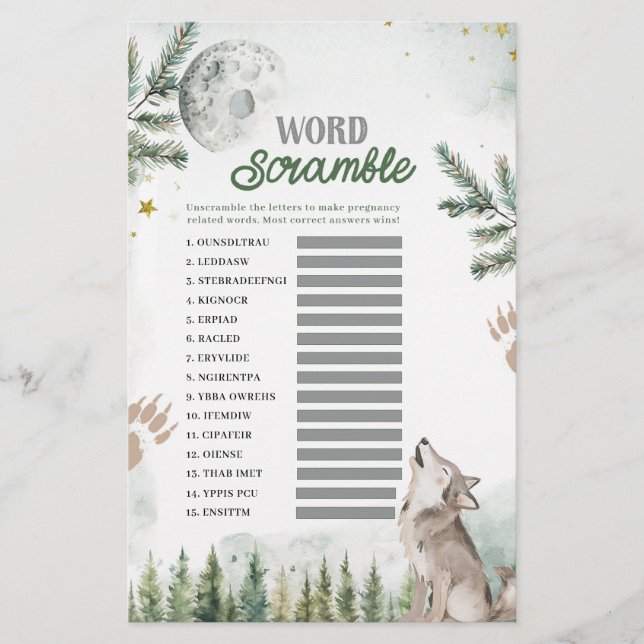 Lámina Bienvenido a The Pack Forest Wolf Word Scramble Ga (Anverso)