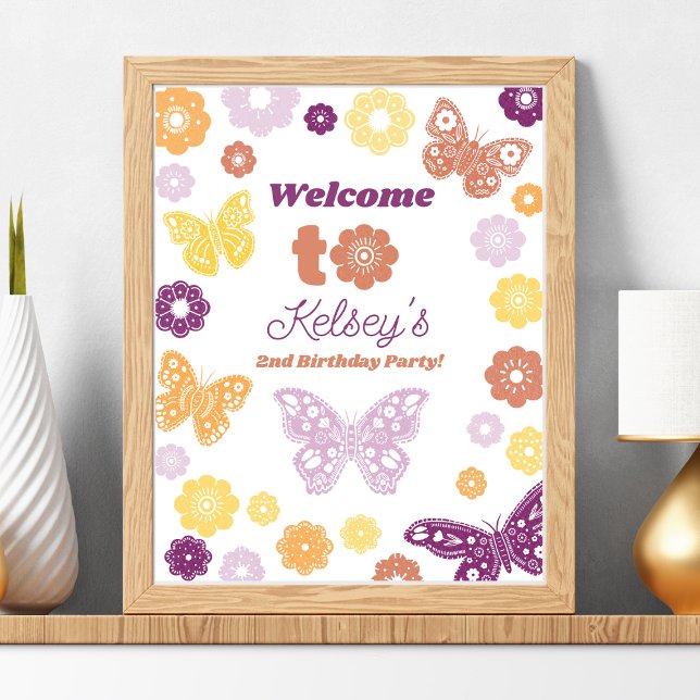 Lámina Bienvenidos al cumpleaños de la mariposa retro con (Frameable Retro Butterfly Birthday Party Welcome Sign)