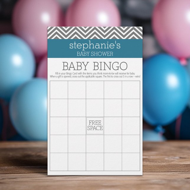 Lámina Bingo Baby Shower - Chevrons Verde azulados y gris (Custom Baby Shower Games)