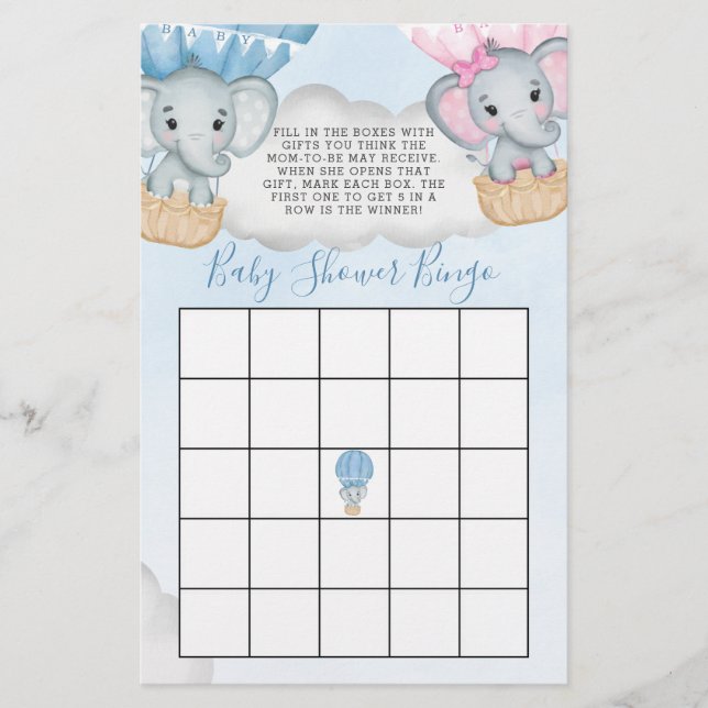 Lámina Bingo Baby Shower de elefante con globo de género  (Anverso)