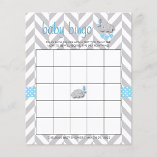 Lámina Bingo Baby Shower de elefante gris y azul dulce