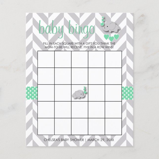 Lámina Bingo Baby Shower de elefante gris y verde de ment (Anverso)