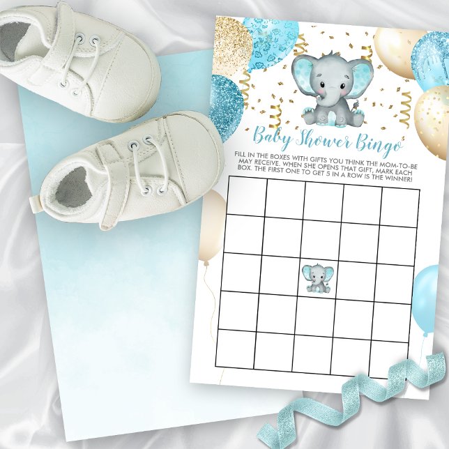 Lámina Bingo Baby Shower de Elephant Balloons (BUDGET Turquoise Elephant Balloons Baby Shower Bingo)